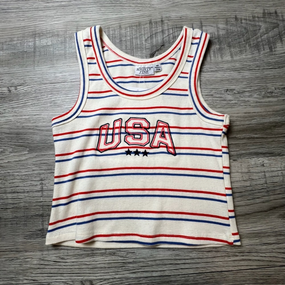 Mighty Fine USA Tank Top Womens Medium White Red Blue Striped Ribbed Cropped Tee
